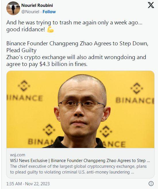 “末日博士”鲁比尼回应币安CEO下台：“终于滚蛋了<strong></p>
<p>币安币钱包</strong>！”