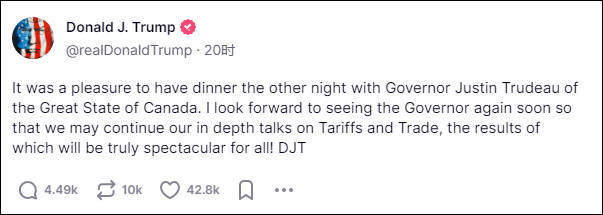 特朗普公开嘲讽特鲁多：加拿大州州长<strong></p>
<p>币源网</strong>，期待再次相见